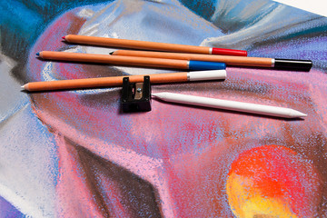 Pastels and original pastel drawing of still life.