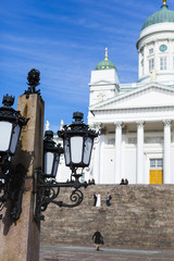 Fototapeta na wymiar Beautiful view of famous Helsinki Cathedral over blue sky, Helsi