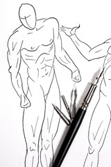 Ink pen with original drawing on background.