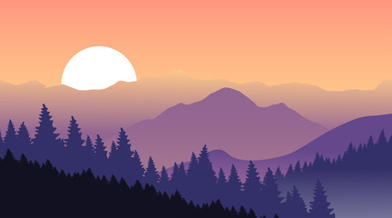 Beautiful sunset at mountains. Vector illustration