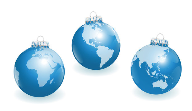 Blue christmas tree balls with three different angles of the world. Three-dimensional isolated vector illustration on white background.