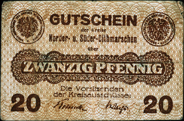 Fototapeta premium Historische Banknote, Notgeld, 1919, Zwanzig Pfennig, Deutschland