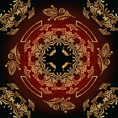 abstract seamless pattern with golden floral ornaments on a red and black background