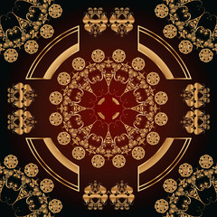 abstract seamless pattern with golden floral ornaments on a red and black background