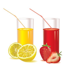 set of two glasses on a white background fresh strawberry juice and lemonade, ripe strawberries image and its slices, half yellow lemon and slices