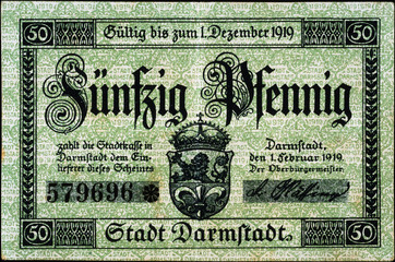 Historische Banknote, Notgeld, 1. Februar 1919, Fünfzig Pfennig, Deutschland