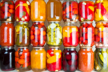 Preserved vegetables and food ingredients set in a row
