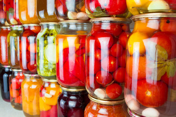 Preserved vegetables and food ingredients set in a row
