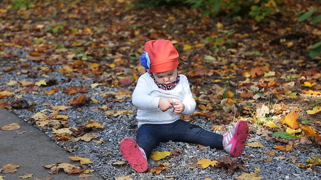 cheerful smiling little girl among autumn maple leaves