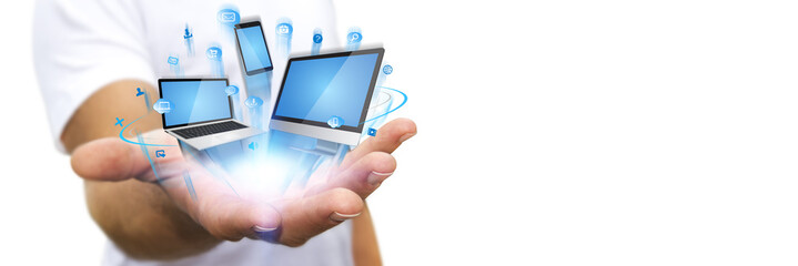 Businessman holding tech device in his hand