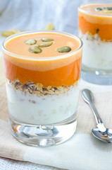 granola with yogurt, pumpkin hard sauce and seed