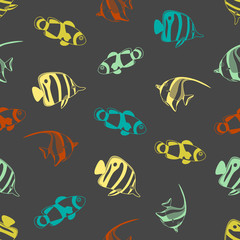 Seamless background made of exotic fish in linear style
