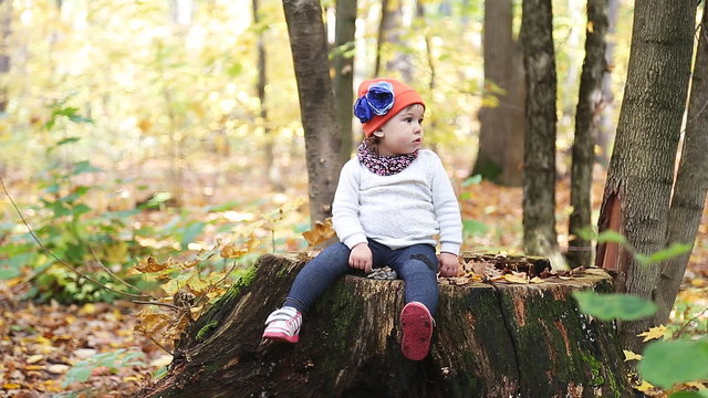 cheerful smiling little girl among autumn maple leaves