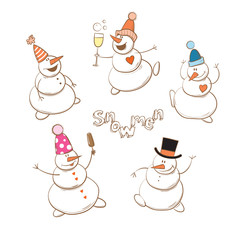 Vector winter set cute cartoon snowmen.