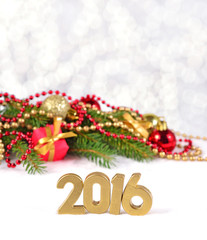 2016 year golden figures and Christmas decorations