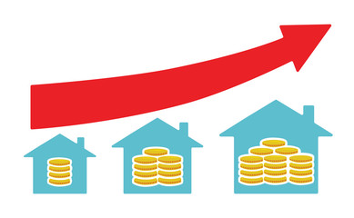 Vector image of houses with money from small to large size, with a red upward arrow