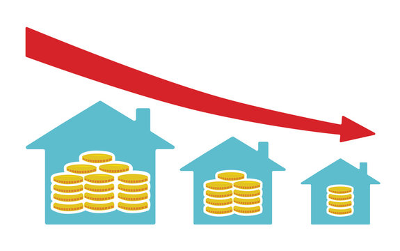 Flat vector image of houses with money from small to large size, with a red downward arrow