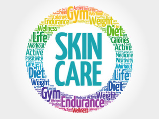 Skin care circle stamp word cloud, fitness, sport, health concept