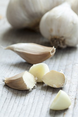 organic garlic on wooden board