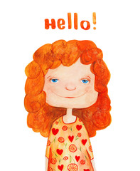 Girl with red curly hair. Hello! Watercolor and gouache Illustration