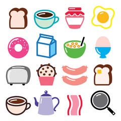 
Breakfast food vector icons set - toast, eggs, bacon, coffee 