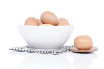 Eggs chicken in a bowl and in a ladly