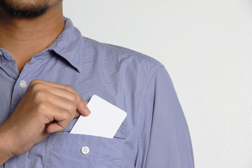 man holding a blank card
