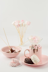 Hot chocolate with marshmallows on a white background.