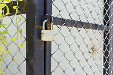 Iron mesh door locked by padlock