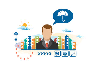 Umbrella and person with bubbles for dialogue. Think and decide.