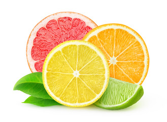 Slices of fresh citrus fruits isolated on white with clipping path