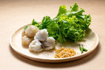 Steamed rice-skin dumpling, Thai style dessert, Thai Tapioca Made From Glutinous Rice Filled with Minced Pork