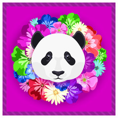 Vector portrait of a panda among the flowers. Beautiful, bright colors. Symmetrical portraits of animals. Vector Illustration, greeting card, poster. Icon. Animal face. Font inscription.