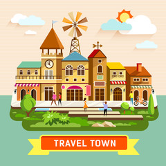Vector Travel town vintage building where shopping restaurants colorful background