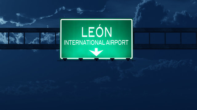 Leon Mexico Airport Highway Road Sign at Night
