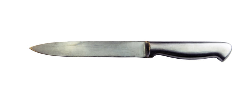 Kitchen knife isolated on a white  background  with clipping path. Closeup with no shadows. Stainless steel knife.  Large long knife.