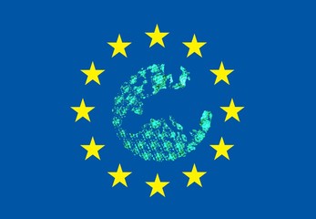 Die Europäische Flüchtlings-Ampel -
Im Sternenkreis der europäischen Fahne befindet sich ein  grünes Ampellicht, davor die Silhouette Europas  
