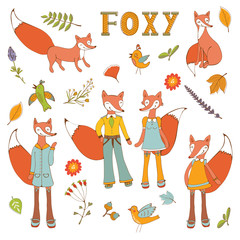 Cute colorful foxes characters set