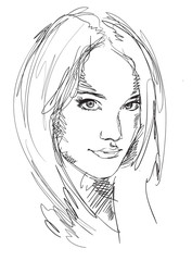Drawing portrait of young woman. Vector female face. Sketch of b
