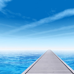 Fototapeta premium Conceptual wood deck pier on sea water