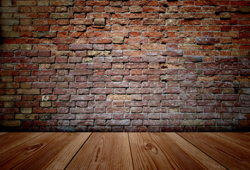 Conceptual old vintage brick wall and wood floor