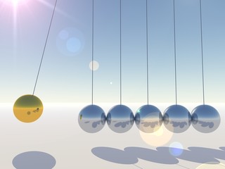 Conceptual 3D sphere pendulum over sky