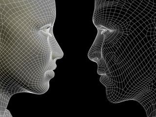 Conceptual wireframe mesh man woman face