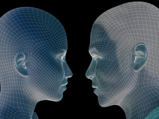 Conceptual wireframe mesh man woman face