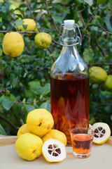 Tincture of quince and fruit on a wooden table.