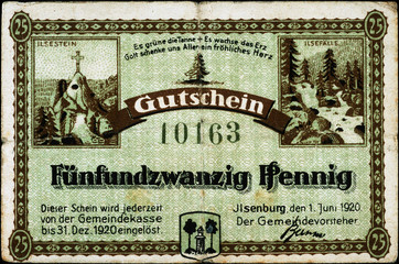 Historische Banknote, Notgeld, 1. Juni 1920, Fünfundzwanzig Pfennig, Deutschland