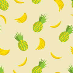 Vector summer seamless pattern with pineapples and bananas on the soft yellow background. Flat illustration of tropic fruits.