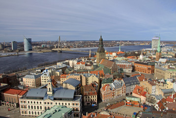 Fototapeta na wymiar Aerial view of Riga center and river Daugava from St. Peter's Church, Riga, Latvia