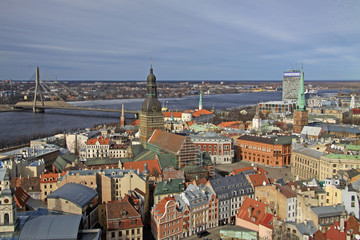 Fototapeta na wymiar Aerial view of Riga center and river Daugava from St. Peter's Church, Riga, Latvia