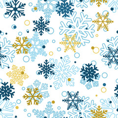 Seamless pattern of snowflakes, multicolored on white